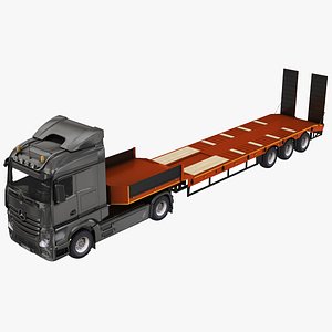 3D Lowbed 6 Wheel Orange Trailer With Truck model