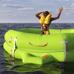 Man in Life Vest on Inflatable Raft model