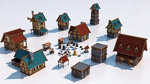 Cartoon Medieval Low Poly Village Building