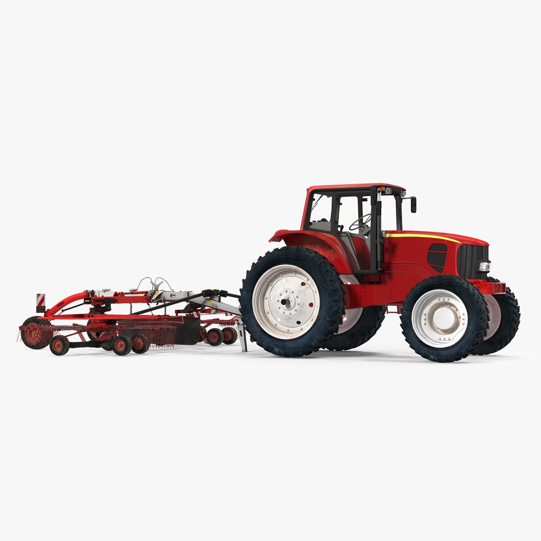 Tractor with Used Twin Rotary Rake Generic 3D model preview