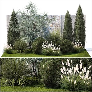 Garden with thuja cypress olive pine and bushes 1378 model