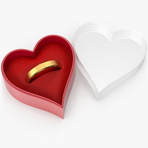 3D Gold Band Wedding Ring In Heart Shaped Box V02