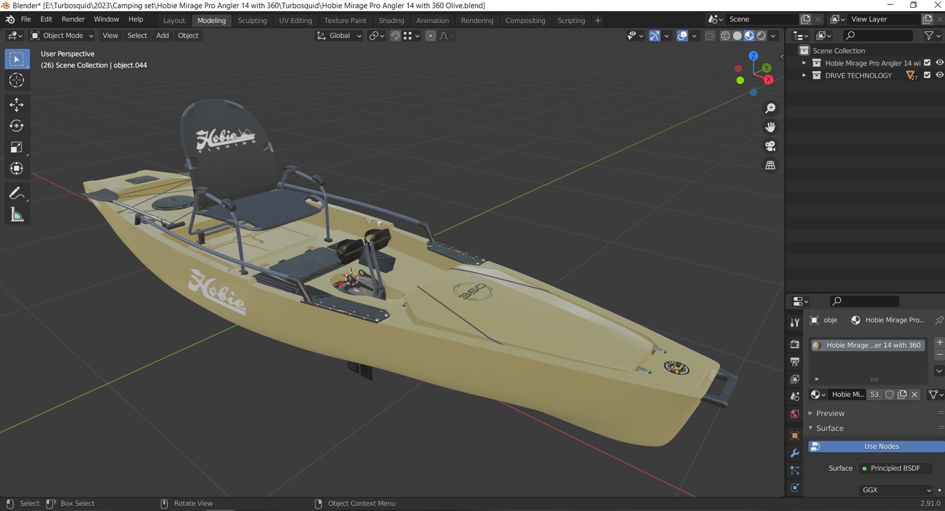 Kayak for fishing Hobie Mirage Pro Angler 14 with 360 Olive 3D model https://p.turbosquid.com/ts-thumb/fw/PhEyGe/EZ/screenshot_1/png/1678816429/1920x1080/fit_q87/f97f1c8e5ba3f8b4f5dd8dec13a12db4ec6bbd8d/screenshot_1.jpg