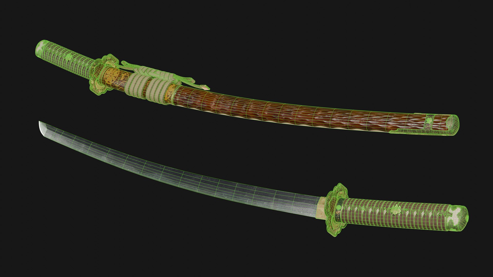 3D Katana Japanese Sword and Katana Stand - Game-ready Weapon model https://p.turbosquid.com/ts-thumb/fw/iAUg4D/SU/katanawireframe/jpg/1743724313/1920x1080/fit_q87/05a32071dbf3d339efcb6a3042074ac2ab85ab6d/katanawireframe.jpg