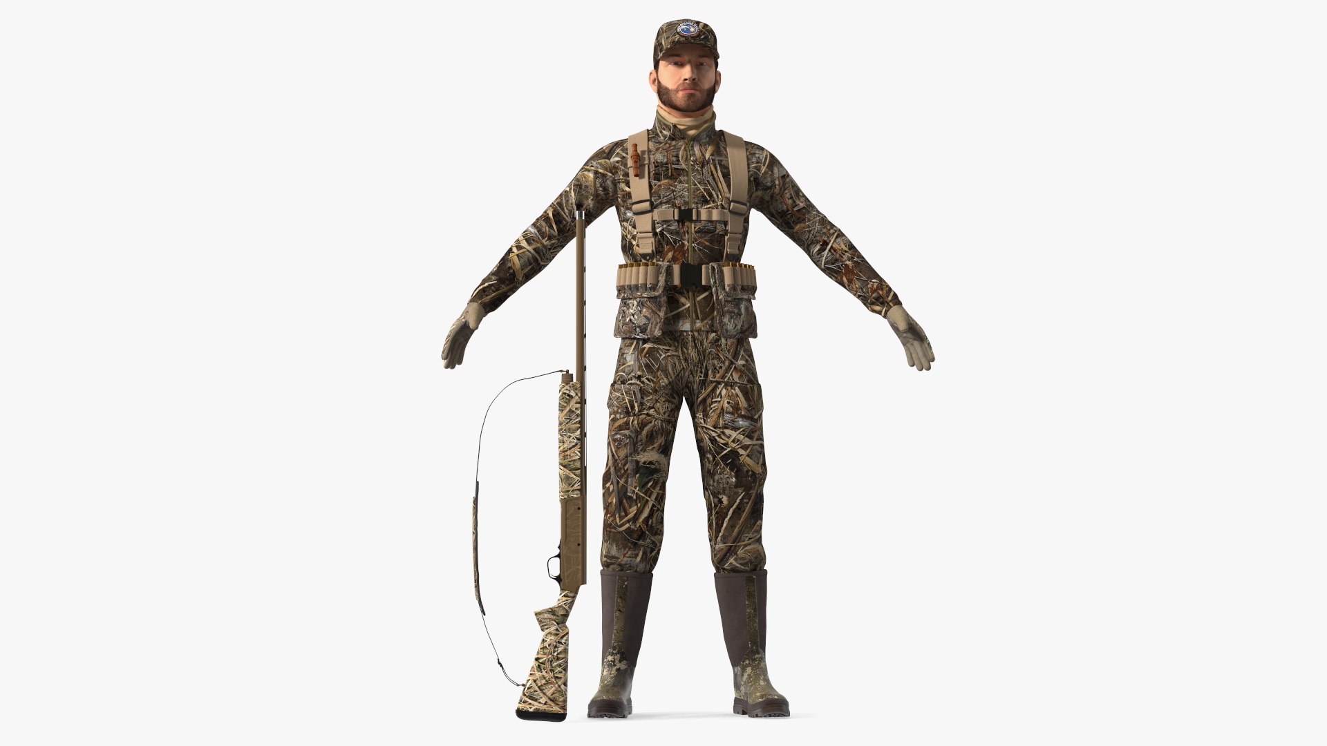 Modern Hunter With Gun A-pose in Grass Camo Fur