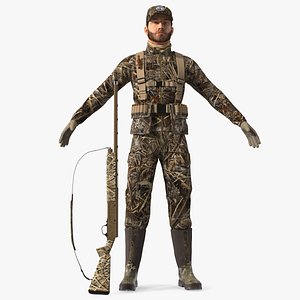 Modern Hunter With Gun A-pose in Grass Camo Fur 3D