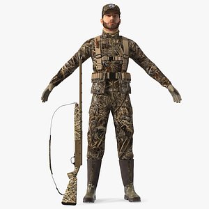 Modern Hunter With Gun A-pose in Grass Camo Fur