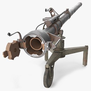 3D Vintage Military Recoilless Cannon on Wheels Black Rigged