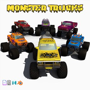 Pack of 6 Monster Trucks Low-poly 3D model