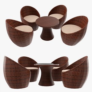 Rattan four chair and table set 02 3D model