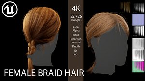 3D model Game ready female short braid hairstyle - real time hair cards Low-poly 3D model