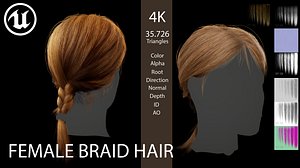 Game ready female short braid hairstyle - real time hair cards Low-poly 3D model