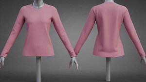 Female Long-Sleeve Low-Poly T-Shirt - Pink V-Neck Sweatshirt 3D Clothing