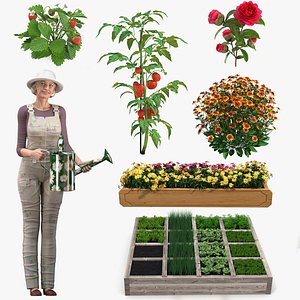 Rigged Gardening Lady with Plants Collection for Maya 3D model