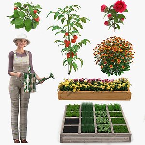Rigged Gardening Lady with Plants Collection for Maya