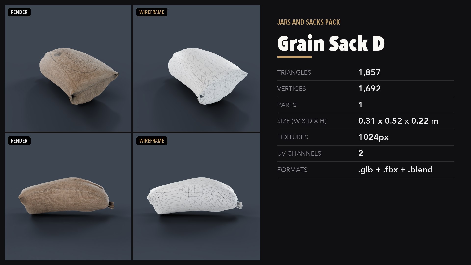 3D Jars and Sacks Pack https://p.turbosquid.com/ts-thumb/g0/aFqCIm/5W/10_preview/png/1791501503/1920x1080/fit_q87/a34623b8e016715aaaf7a0a21d26f835104a9518/10_preview.jpg