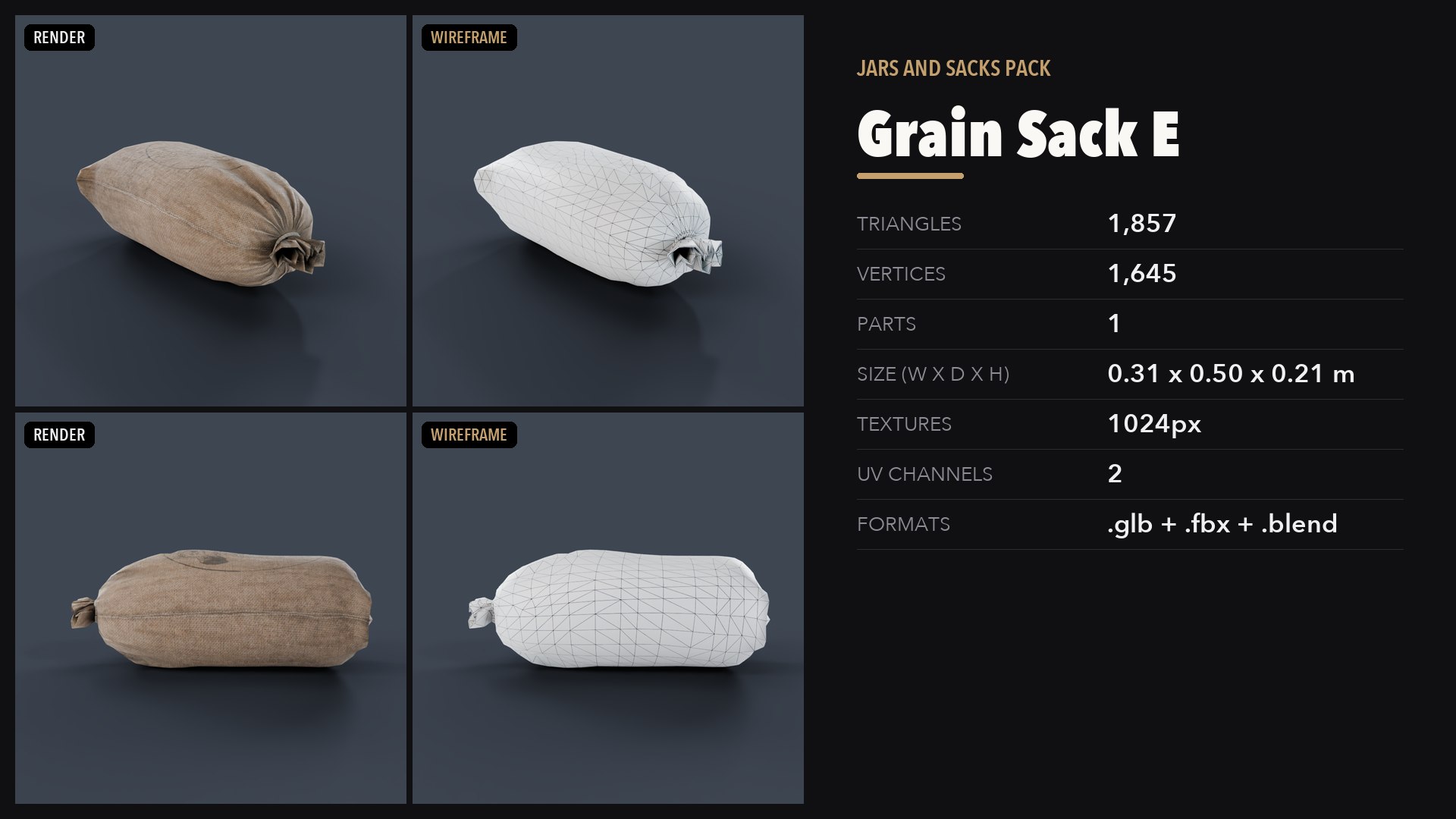 3D Jars and Sacks Pack https://p.turbosquid.com/ts-thumb/g0/aFqCIm/Lk/11_preview/png/1791501503/1920x1080/fit_q87/7ee43def8ade0302bae2ad74a90ab7648aebdbbf/11_preview.jpg