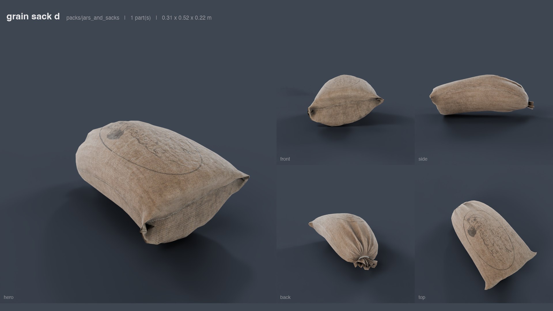 3D Jars and Sacks Pack https://p.turbosquid.com/ts-thumb/g0/aFqCIm/MH/06_05_grain_sack_d_angles/png/1791501500/1920x1080/fit_q87/fb33a2ba31d72c0733d69b547dc6a67c1e7ea2f3/06_05_grain_sack_d_angles.jpg