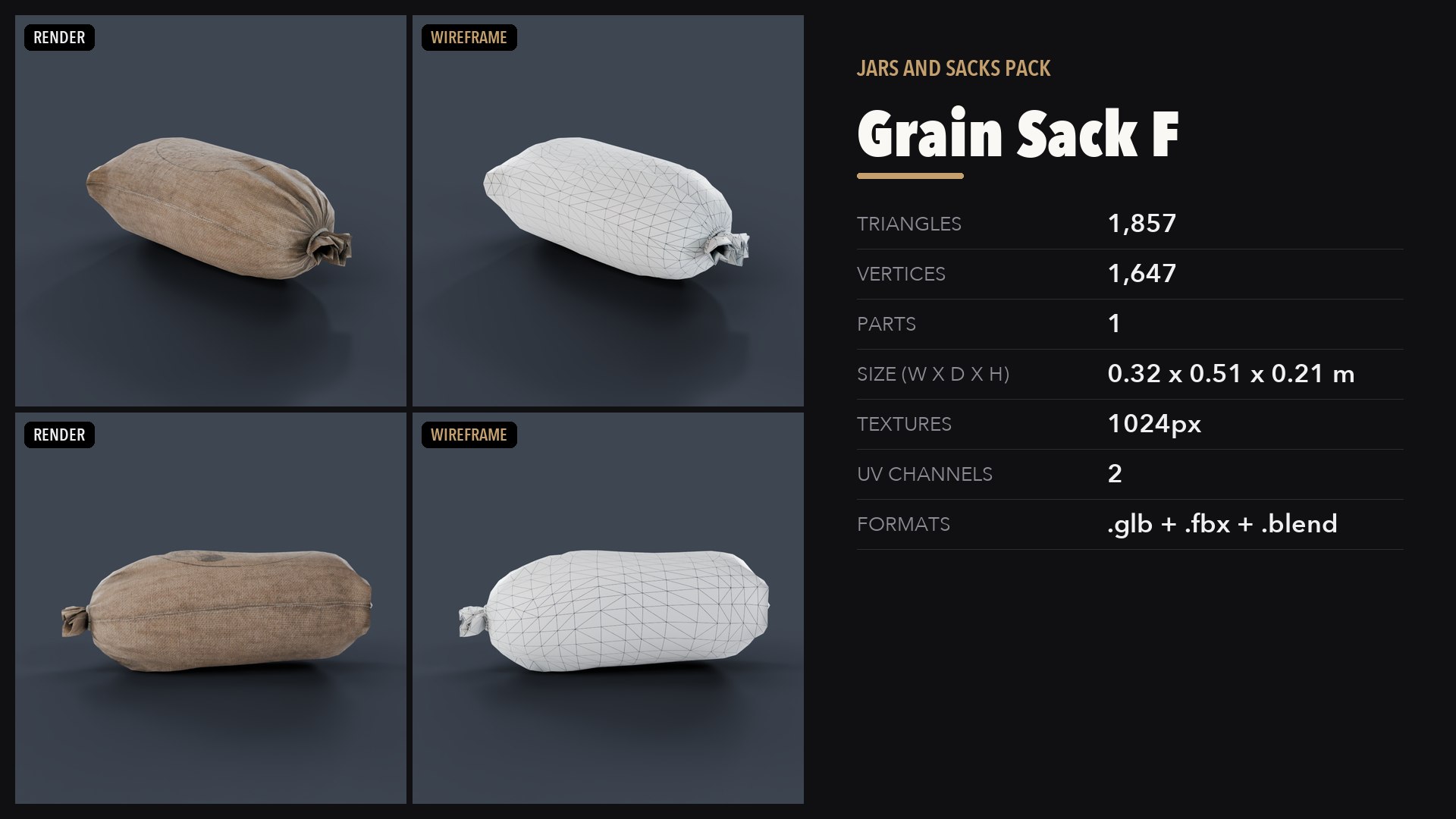 3D Jars and Sacks Pack https://p.turbosquid.com/ts-thumb/g0/aFqCIm/dD/12_preview/png/1791501503/1920x1080/fit_q87/9b2ed71eef2106f0ac65f36a7cb9c0fdc6329f70/12_preview.jpg