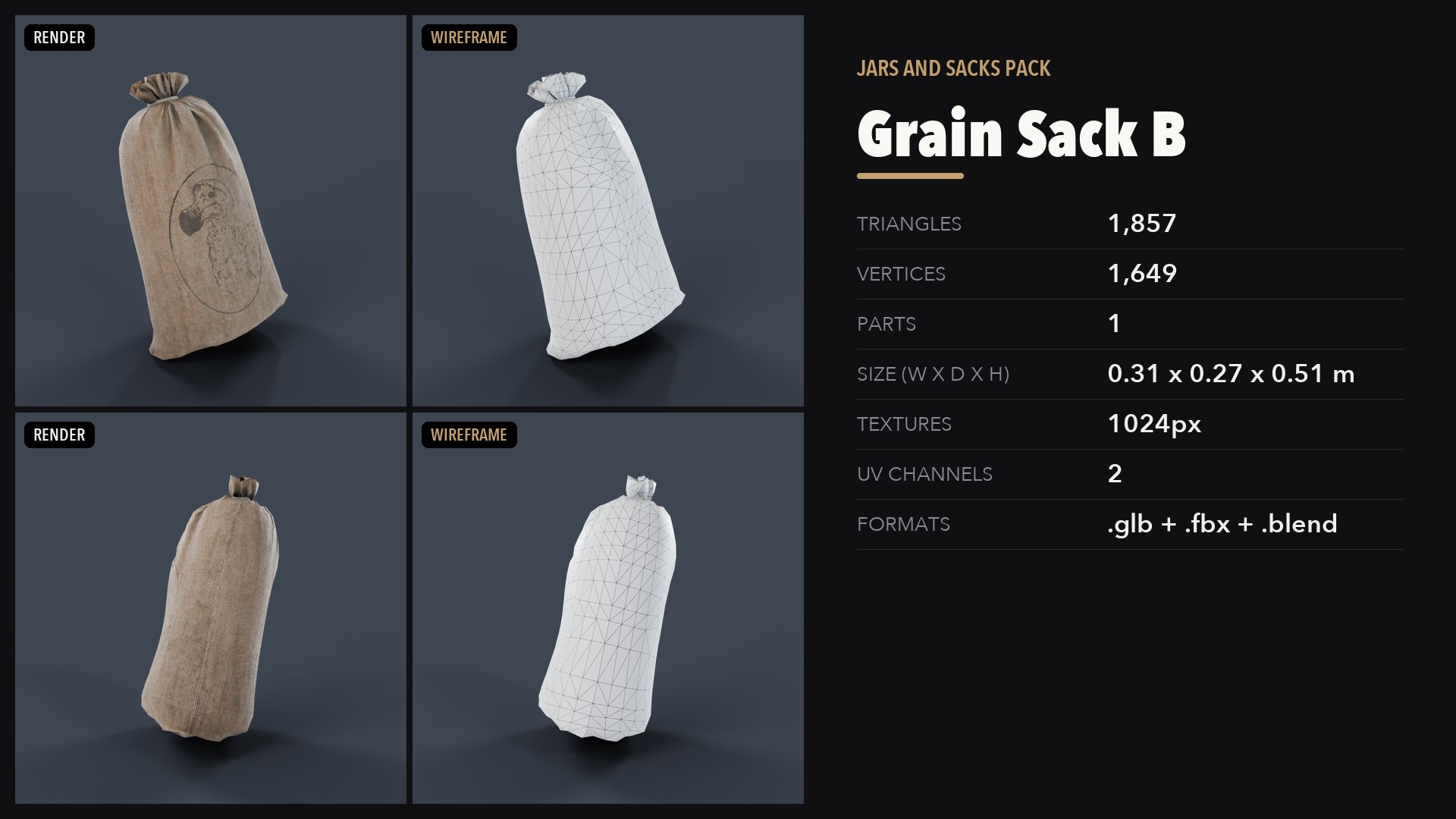 3D Jars and Sacks Pack https://p.turbosquid.com/ts-thumb/g0/aFqCIm/ry/08_preview/png/1791501501/1920x1080/fit_q87/a772df5867e3040e04aa686dd7e77435d4edcb76/08_preview.jpg