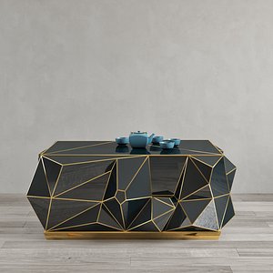 Geometric Black Glass and Brass Coffee Table 3D model