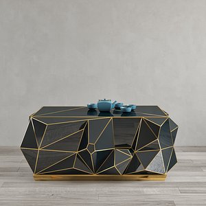Geometric Black Glass and Brass Coffee Table
