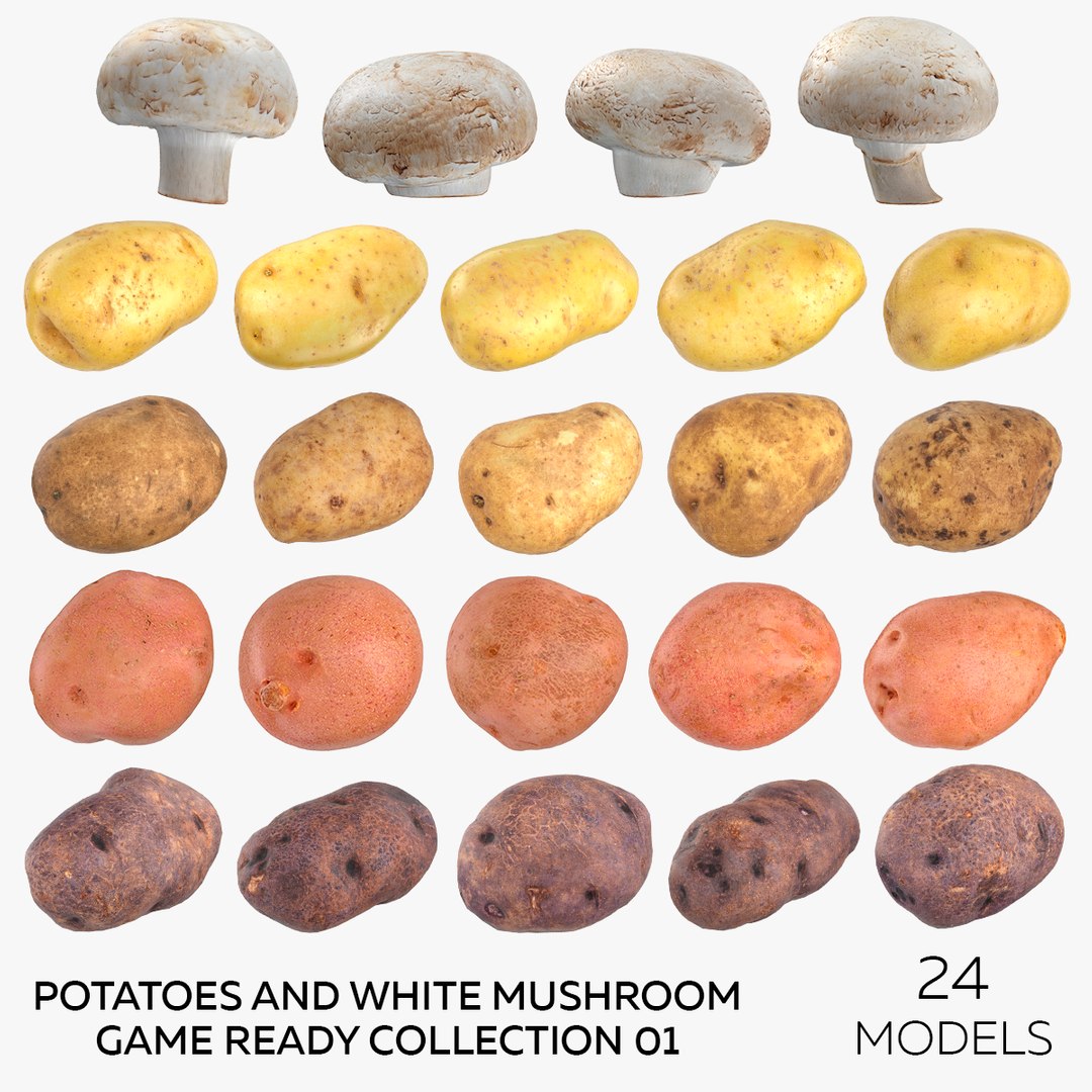 3D Potatoes and White Mushroom Game Ready Collection 01 - 24 models https://p.turbosquid.com/ts-thumb/g7/CFklLn/Na/square/jpg/1637762539/1920x1080/fit_q87/8d19a52f7273d7c8699d9b24120e233e6a1f87e2/square.jpg