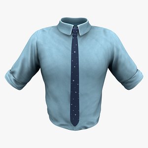 Men Rolled Up Sleeves Tucked In Formal Blue Shirt With Tie 3D model