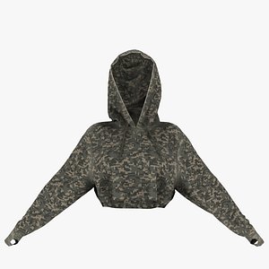 Oversized Cropped Digital Camo Hoodie with Thumb Holes