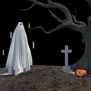 3D Grave with Ghost and Glowing Pumpkin
