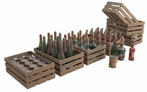 3D Wooden box and bottle PBR Game Ready model