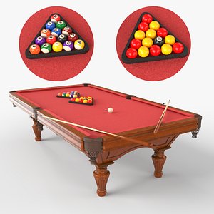 Red Wooden Billiard Tabl balls sticks and chalk