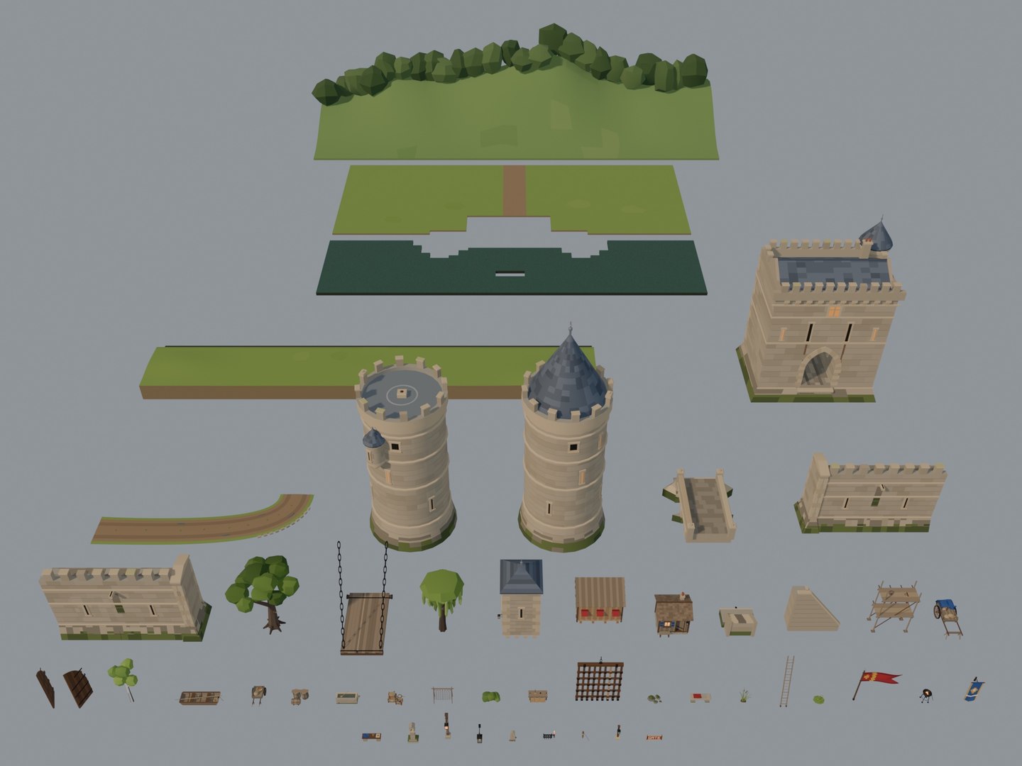 3D Low Poly Castle Gatehouse - 49 Game Ready Models https://p.turbosquid.com/ts-thumb/gD/Lm78KO/DR/02_assets_lineup/jpg/1792609974/1920x1080/fit_q87/7d9d44772244d1395b0dcf1c674fbff503d1c1d5/02_assets_lineup.jpg
