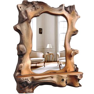3D Rustic Wooden Eco Floor Mirror Solid Wood Shelf Tree Bark Frame 3D model