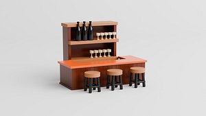 3D Stylized Low Poly Bar Counter Set with Stools and Shelves model