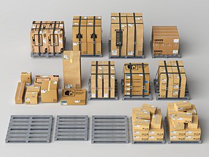3D model Logistics Cardboard Boxes Wooden Pallets Cargo Prop 3D Model Pack