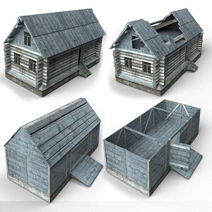 3d low-poly wooden buildings house roof