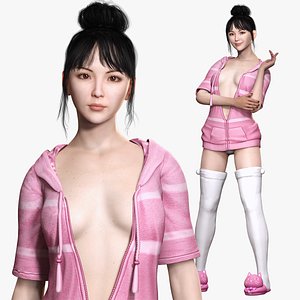 Rigged Female 3D Model in Trendy Pink Attire 3D model