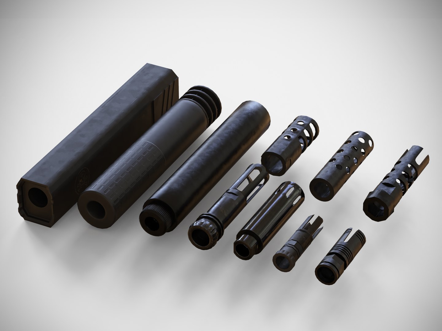 Barrel Attachments Pack - Flash - Muzzle - Suppressor - PBR 3D https://p.turbosquid.com/ts-thumb/gG/sO2ZNV/Ic/3/png/1621684515/1920x1080/fit_q87/59943f8f64a3d9e65c1d67cdff21dc4059824f0d/3.jpg