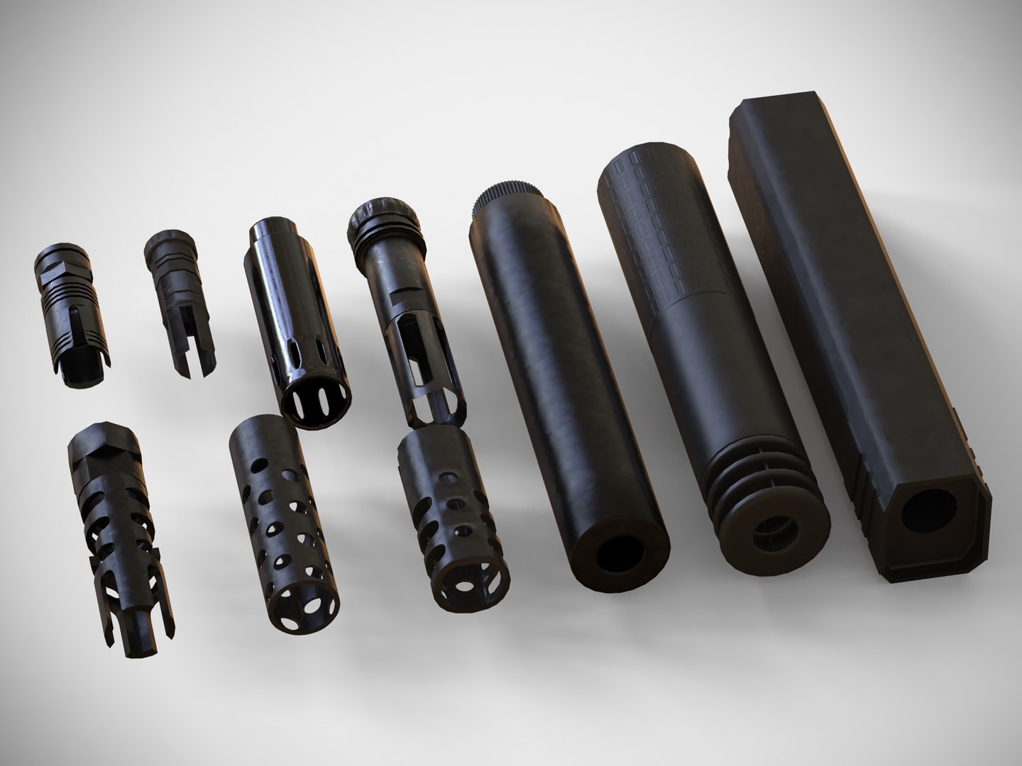 Barrel Attachments Pack - Flash - Muzzle - Suppressor - PBR 3D https://p.turbosquid.com/ts-thumb/gG/sO2ZNV/Pl/2/png/1621684271/1920x1080/fit_q87/467dd2aba4738df9b09515ee3579a4a942c3ea10/2.jpg