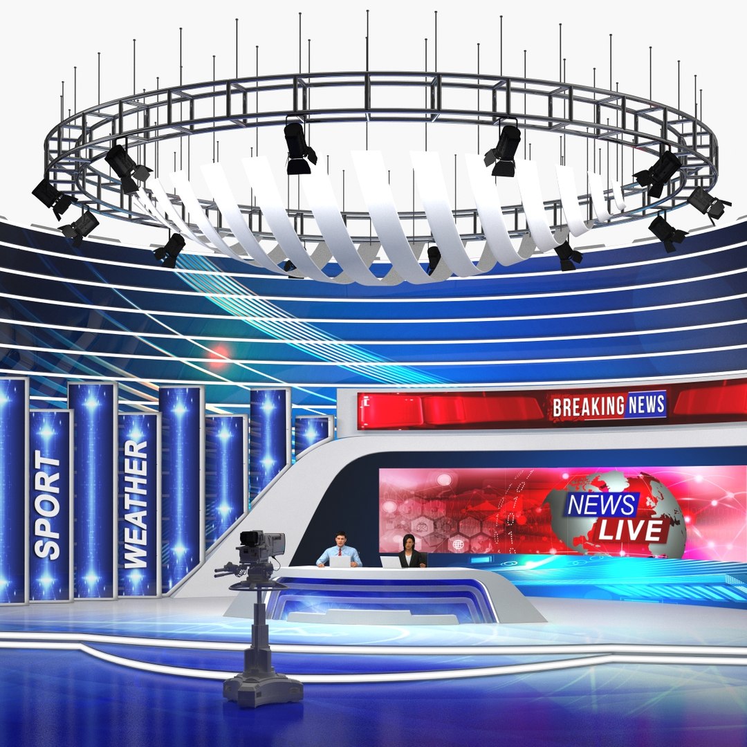TV News Studio with Camera and Presenters Rigged 3D Model