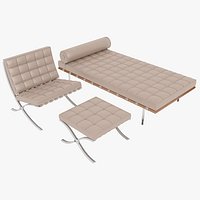 Knoll Beige Leather Barcelona Chair Couch and Stool Ottoman Set