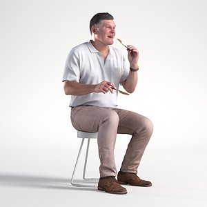 3D People Man Mark 1860 Casual Outfit Sitting Eating Restaurant Low poly