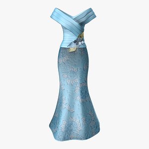 3D model Off The Shoulder Satin Cap Sleeve Evening Dress