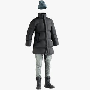 Men's Down Coat with Jeans, Pullover, Hat and Boots