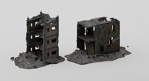 3D Two Ruined Residential Buildings and Warzone Combat Rubble Pack model