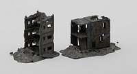 Two Ruined Residential Buildings and Warzone Combat Rubble Pack