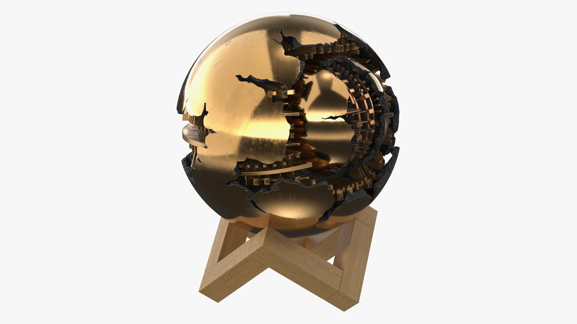 Golden Fractured Sphere on Wooden Stand 3D model preview