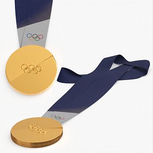 Olympic Gold Medal with Blue Ribbon 3D model