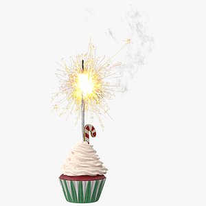 3D model Christmas Cupcake with Sparkler and Candy Cane Cookie